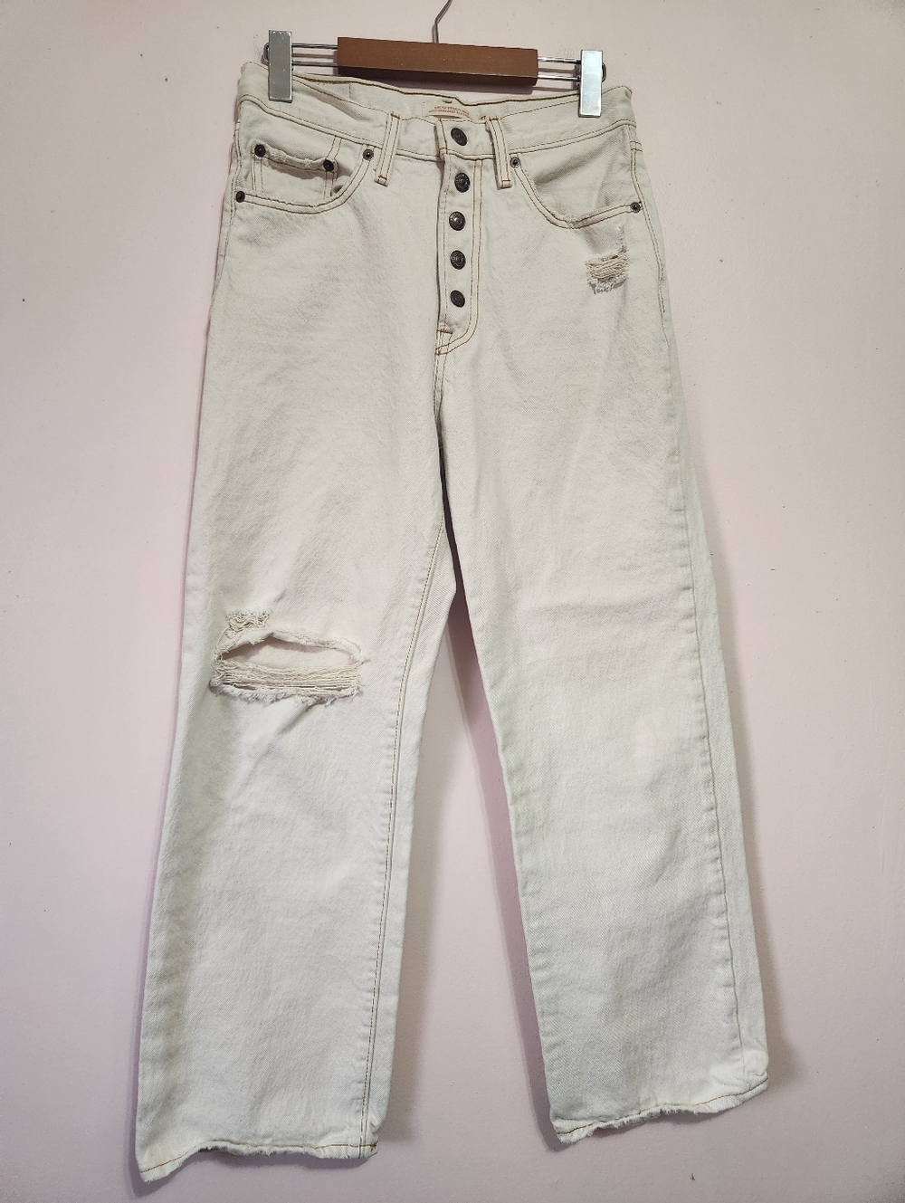 Levi's Ribcage Straight Ankle Jeans Cream Ecru Distressed Sz 27 Super High Rise